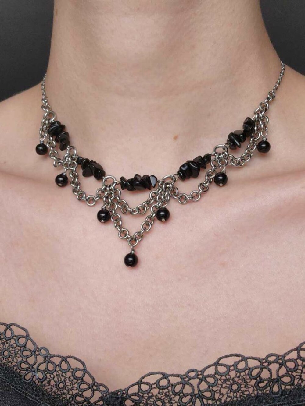 Gothic silver chandelier necklace with black obsidians